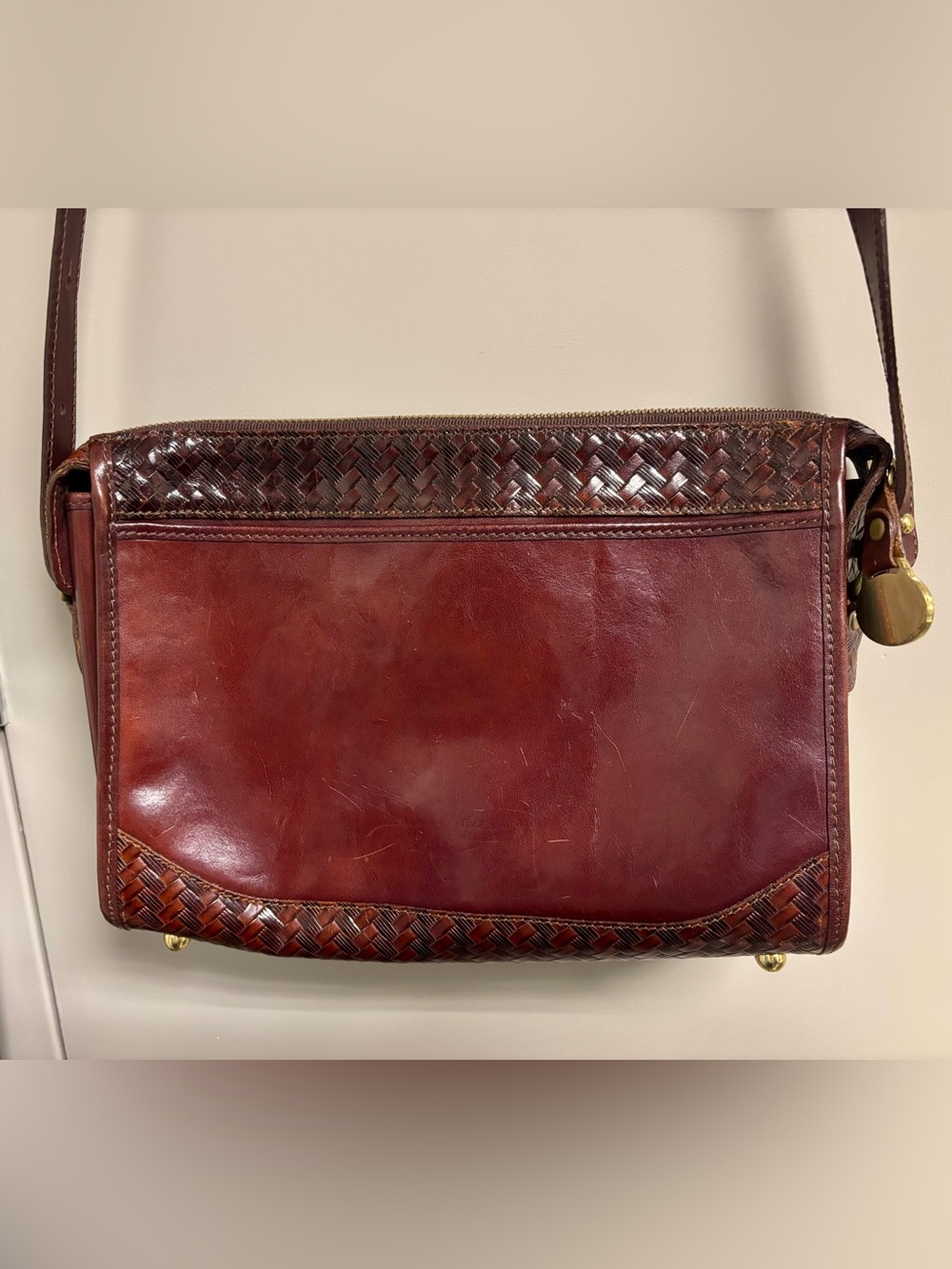 Vintage Brahmin Crossbody Bag featuring rich brown leather with woven details - Picture 13 of 14